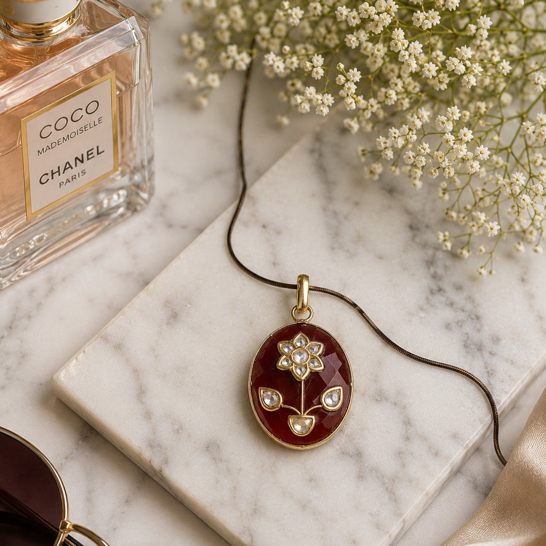 925 Silver Red Oval Floral Pendant for Women