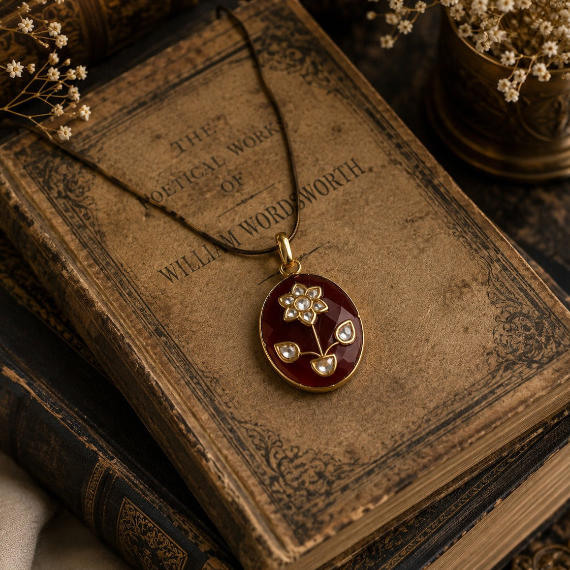 925 Silver Red Oval Floral Pendant for Women