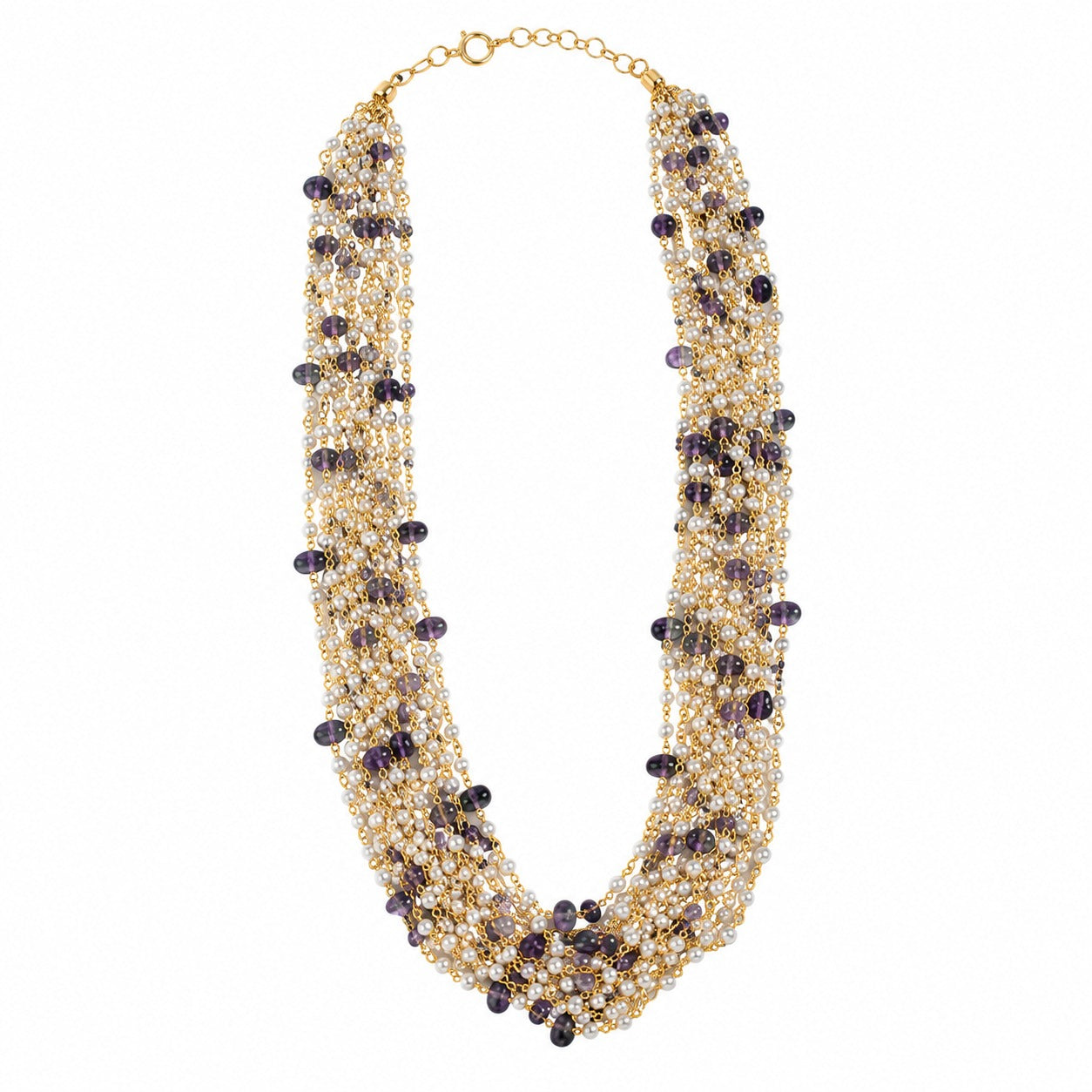 925  Silver Multi-Layer Pearl & Amethyst Beaded Chain Necklace
