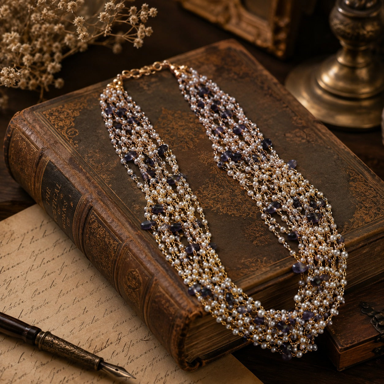 925  Silver Multi-Layer Pearl & Amethyst Beaded Chain Necklace
