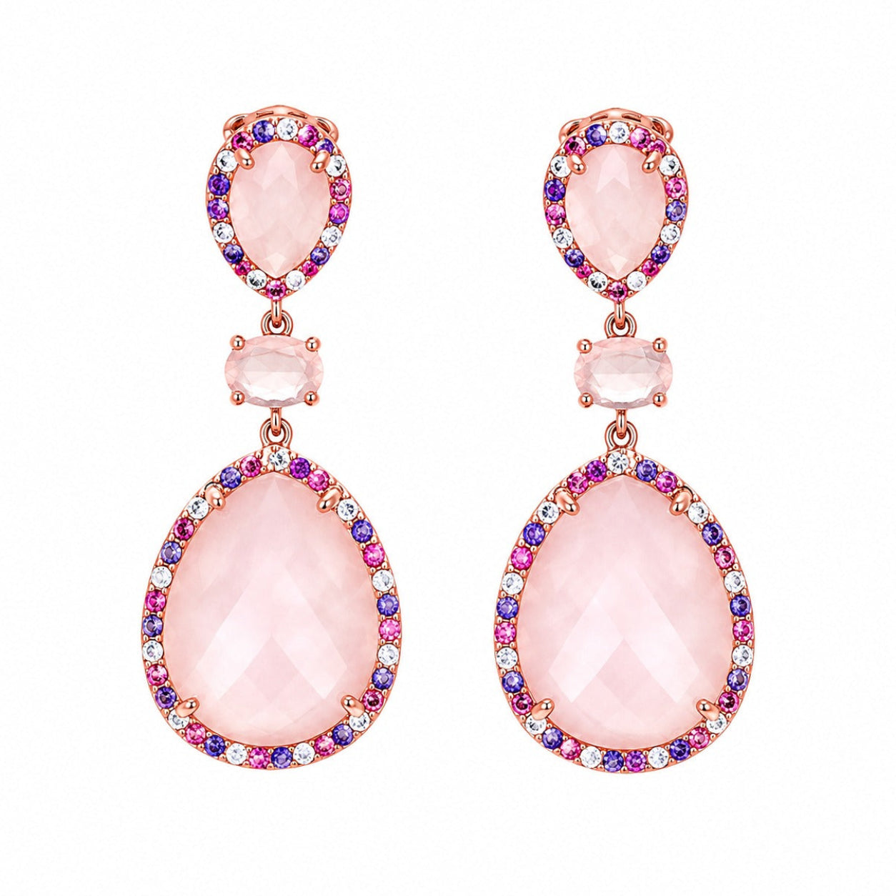925  Silver Rose Quartz Teardrop Dangle Earrings with Pink CZ Halo