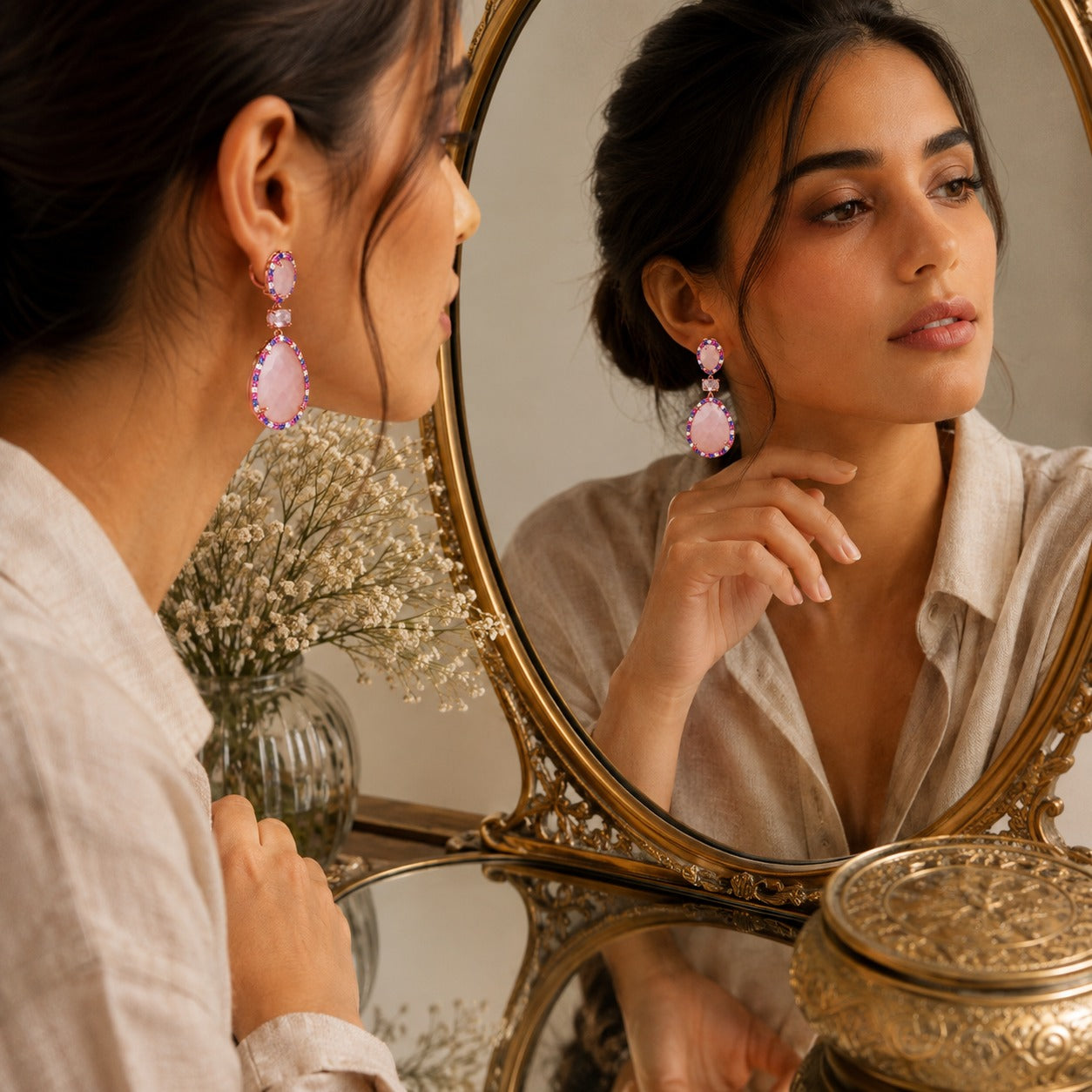 925  Silver Rose Quartz Teardrop Dangle Earrings with Pink CZ Halo