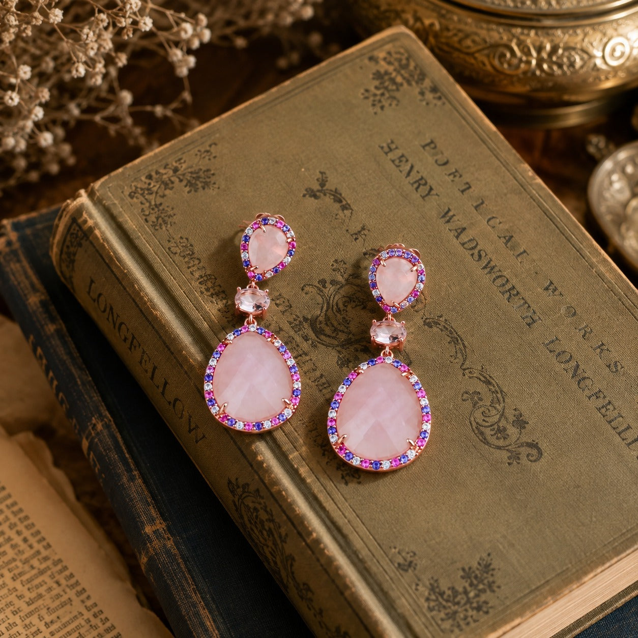 925  Silver Rose Quartz Teardrop Dangle Earrings with Pink CZ Halo