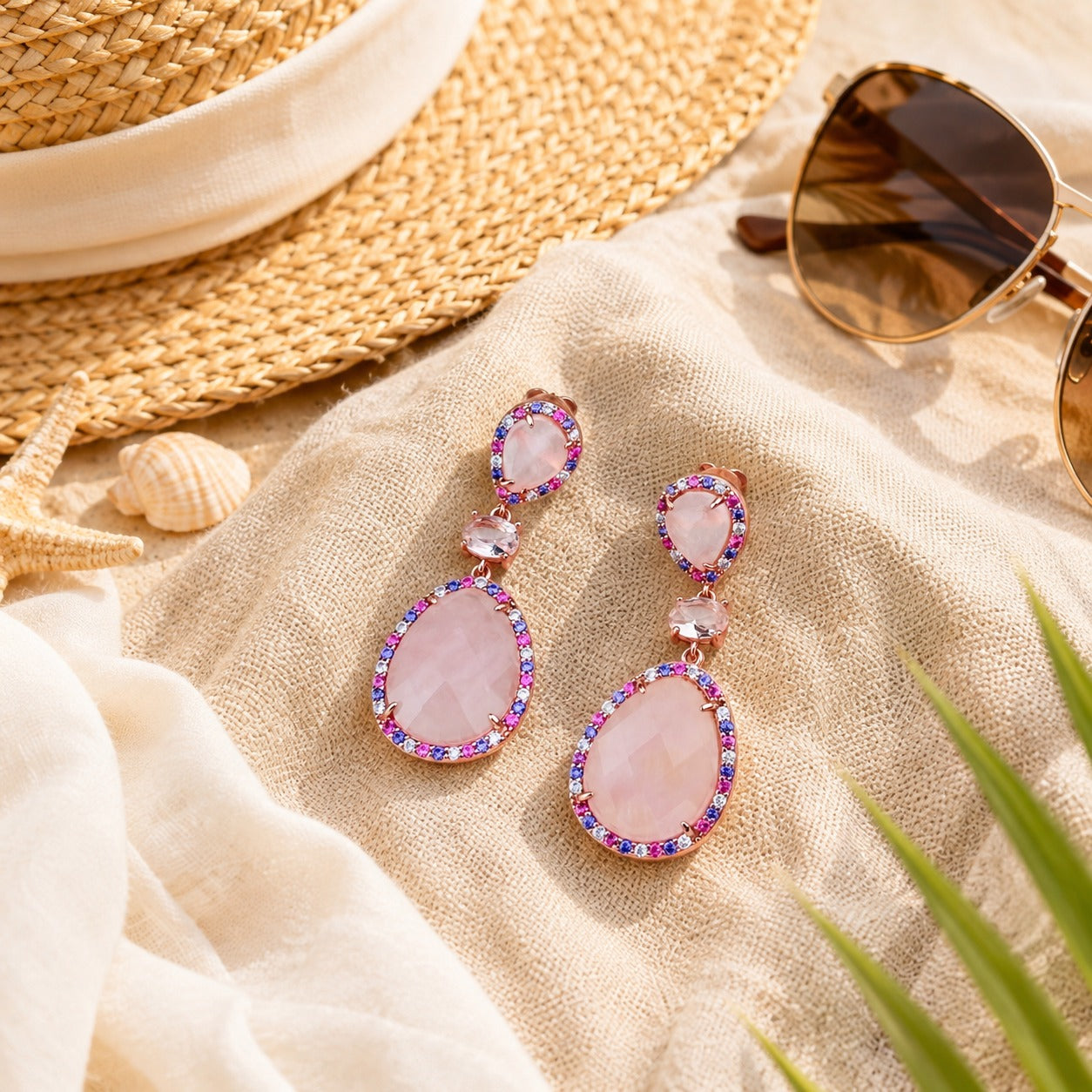 925  Silver Rose Quartz Teardrop Dangle Earrings with Pink CZ Halo