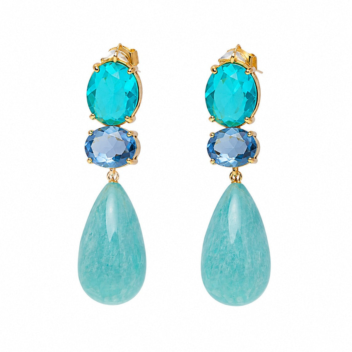 925 Silver Aqua Blue Double Drop Earrings with Sky Blue Gemstones