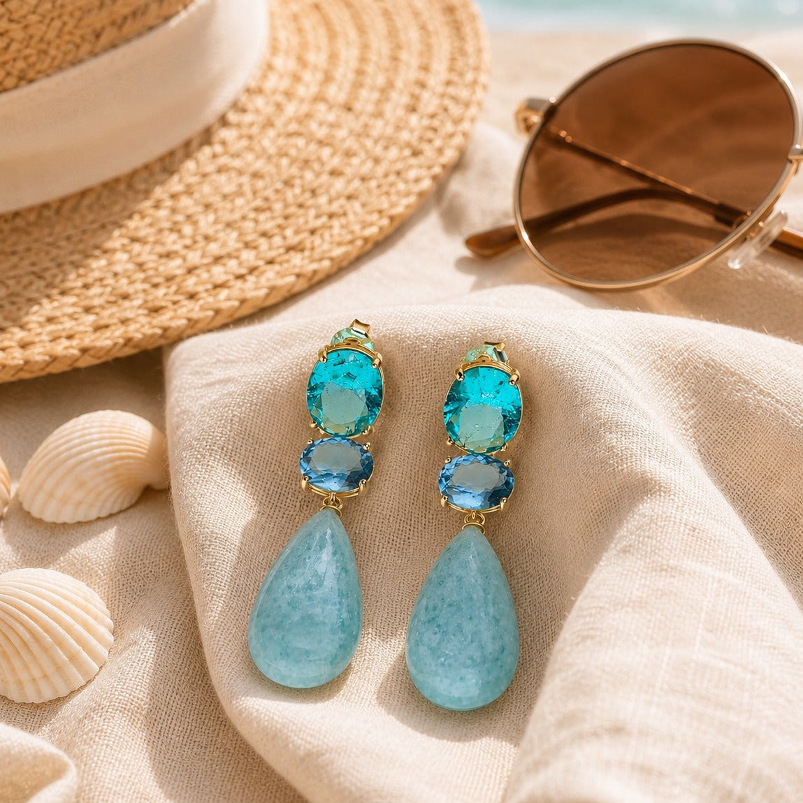 925 Silver Aqua Blue Double Drop Earrings with Sky Blue Gemstones