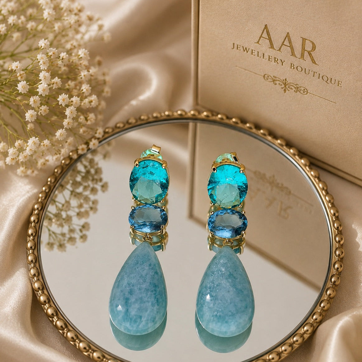 925 Silver Aqua Blue Double Drop Earrings with Sky Blue Gemstones