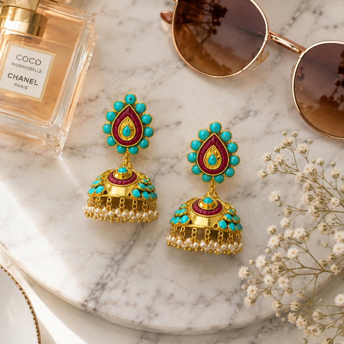 925 Silver Traditional Jhumka with Turquoise & Ruby Pink Stones