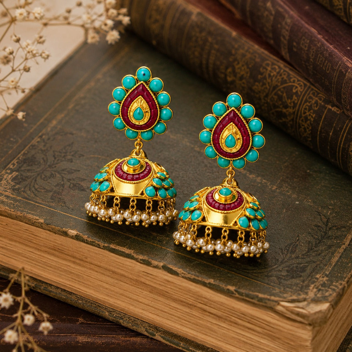 925 Silver Traditional Jhumka with Turquoise & Ruby Pink Stones