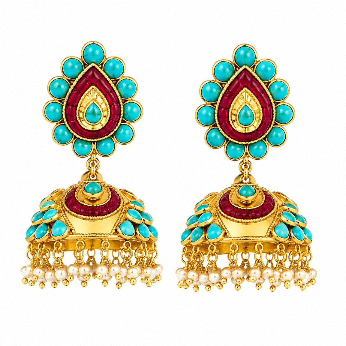 925 Silver Traditional Jhumka with Turquoise & Ruby Pink Stones