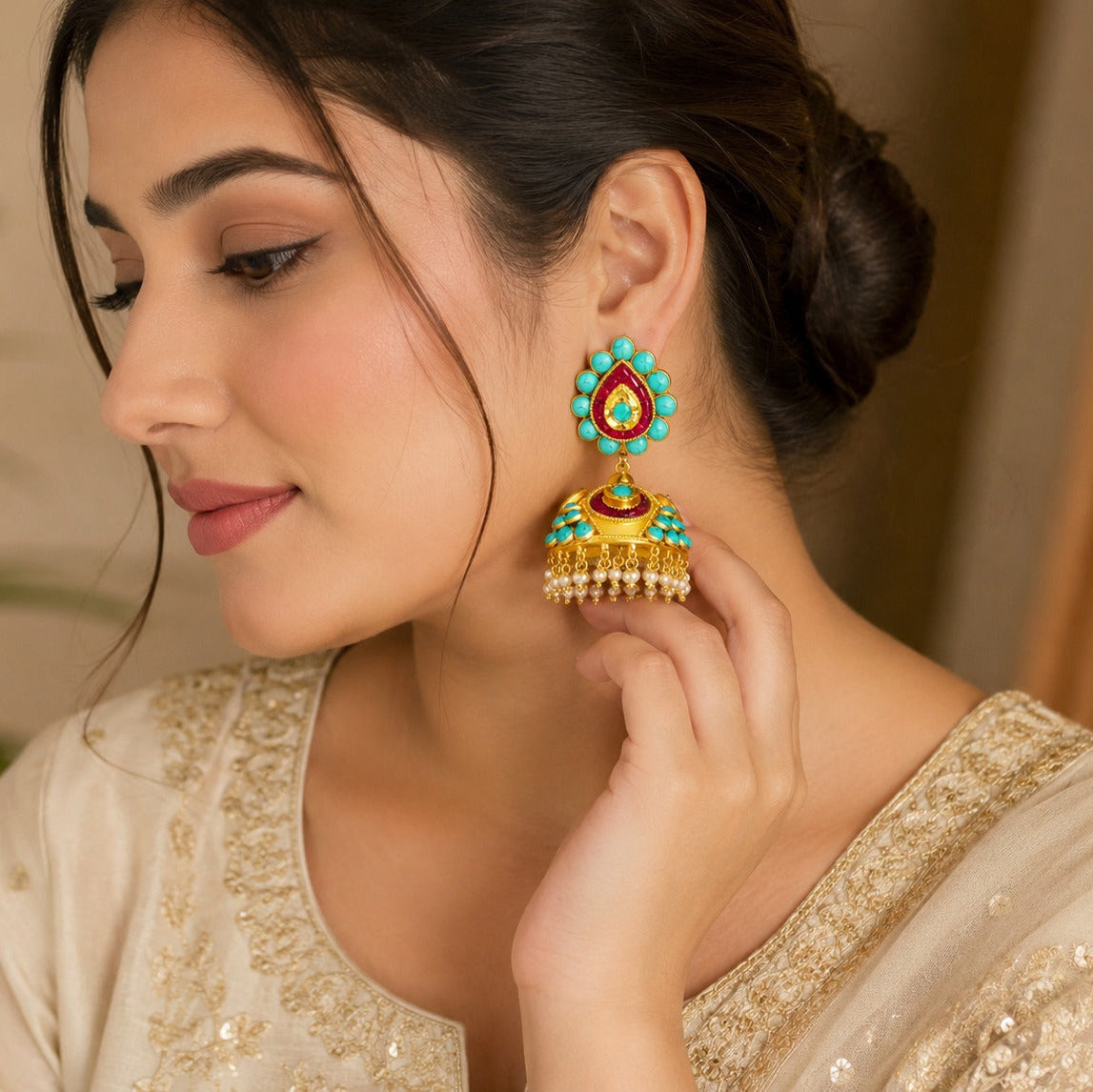 925 Silver Traditional Jhumka with Turquoise & Ruby Pink Stones