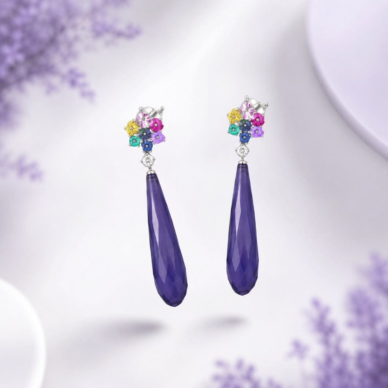 925 Silver Multicolor Floral Drop Earrings with Purple Faceted Gemstone