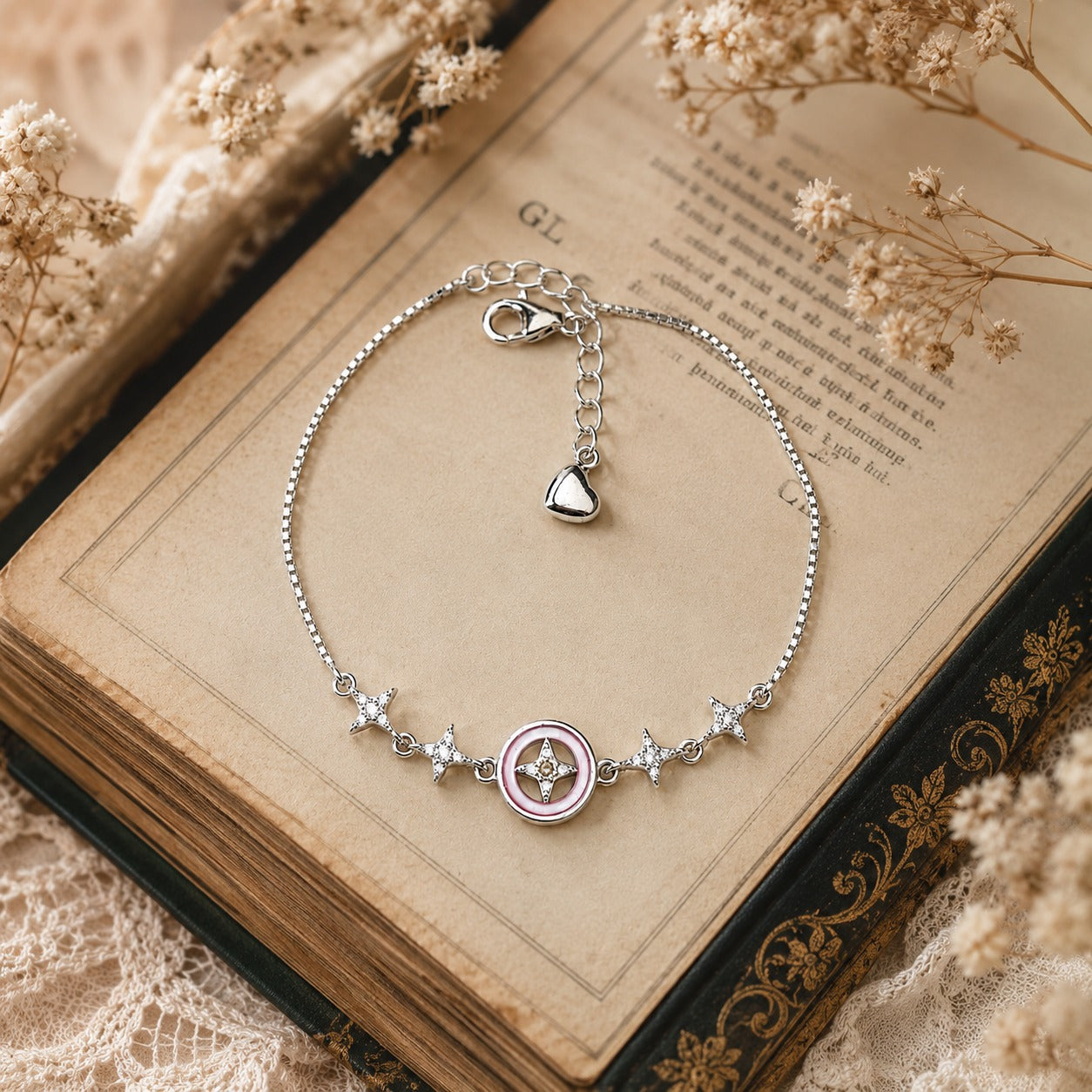 925 Sterling Silver Pink Mother of Pearl & CZ Charm Bracelet for Women