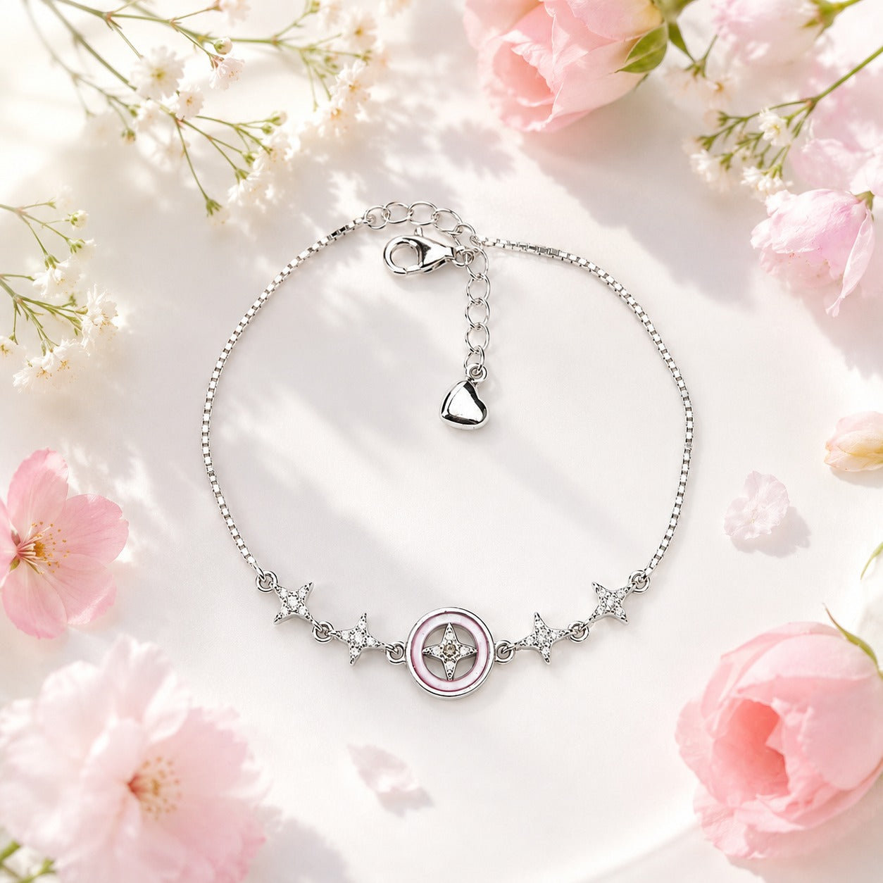 925 Sterling Silver Pink Mother of Pearl & CZ Charm Bracelet for Women