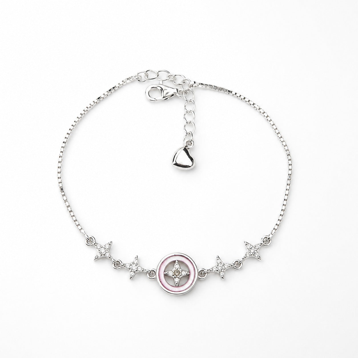 925 Sterling Silver Pink Mother of Pearl & CZ Charm Bracelet for Women