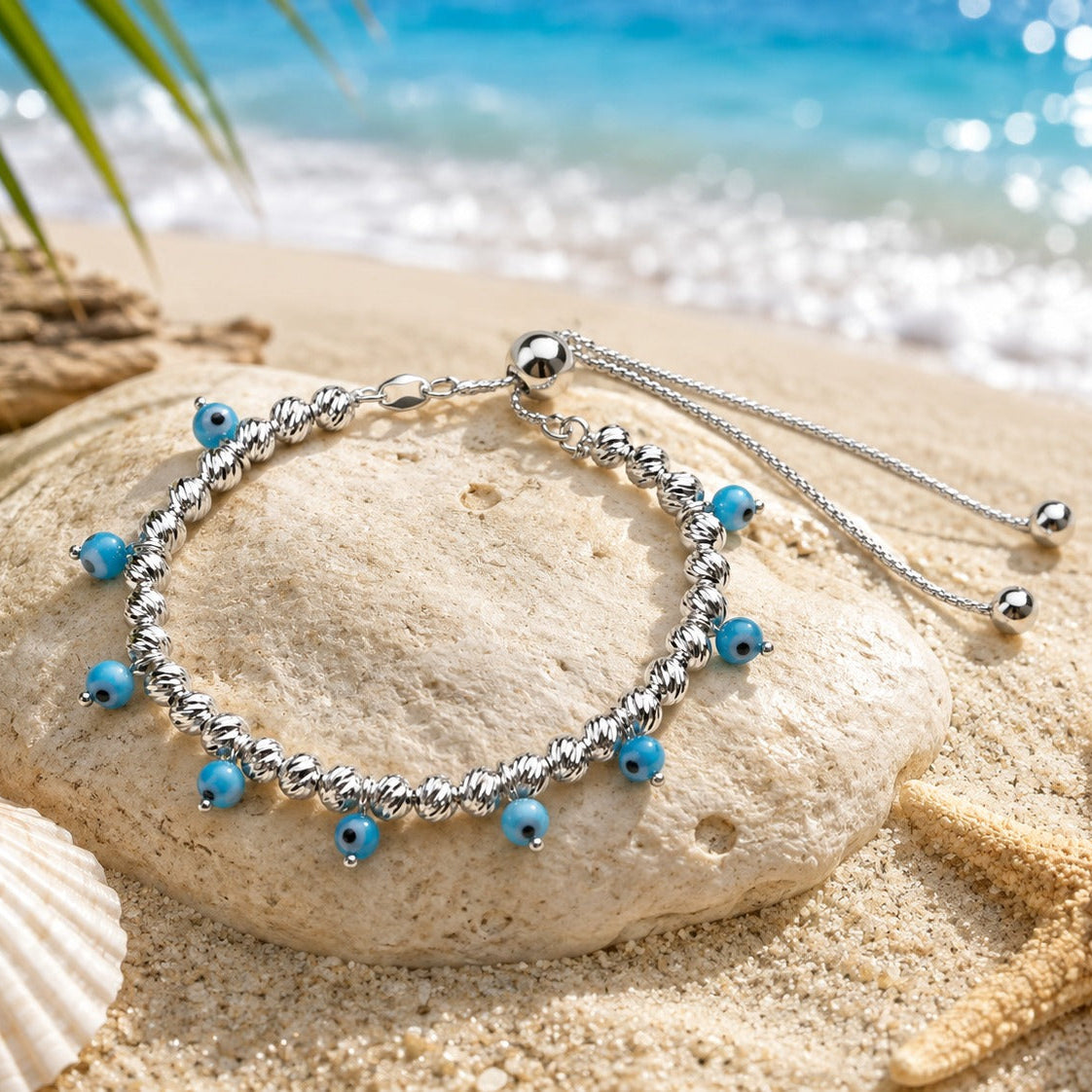 925 Sterling Silver Evil Eye Adjustable Beaded Bracelet for Women