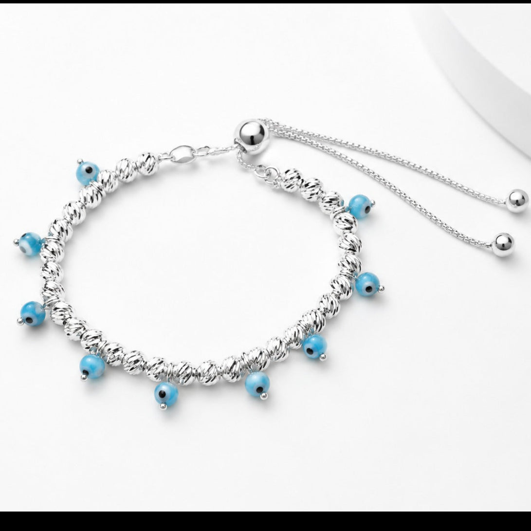 925 Sterling Silver Evil Eye Adjustable Beaded Bracelet for Women