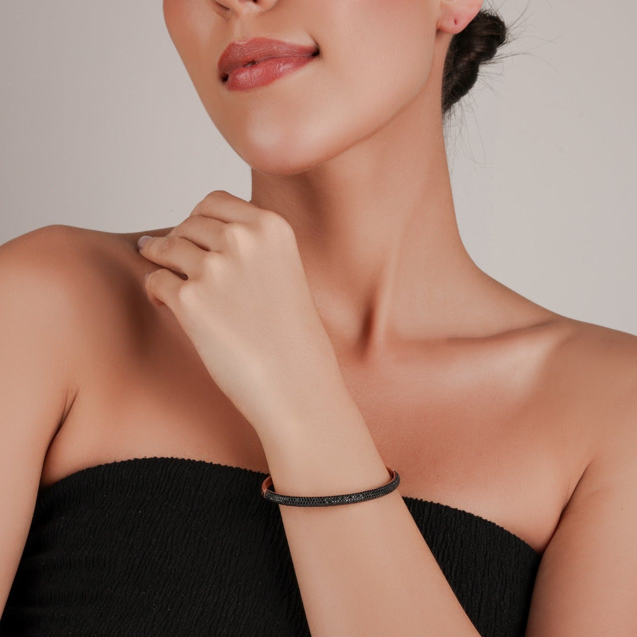 925 Silver Black Stone Pave Bangle Bracelet – Rose Gold Finish